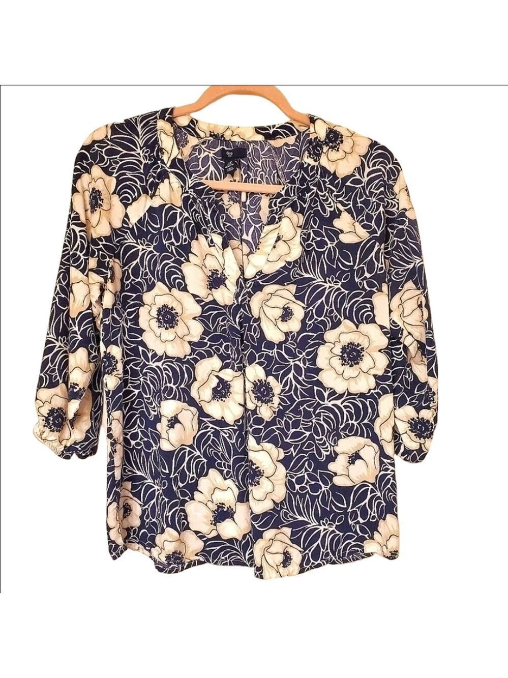 Gap Boho Floral V-Neck Casual Top Elastic 3/4 Sleeves Flowy Relaxed Fit Blue EUC